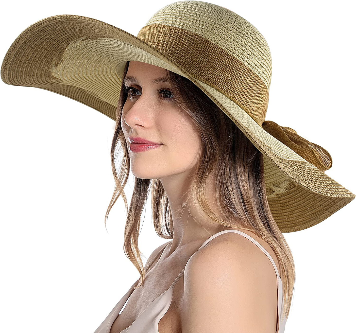 Muryobao Womens Sun Straw Hat Wide Brim UV UPF 50 Summer Hat Foldable Roll up Floppy Beach Cap for Women Apparel & Accessories > Clothing Accessories > Hats Muryobao Beige-khaki Mix