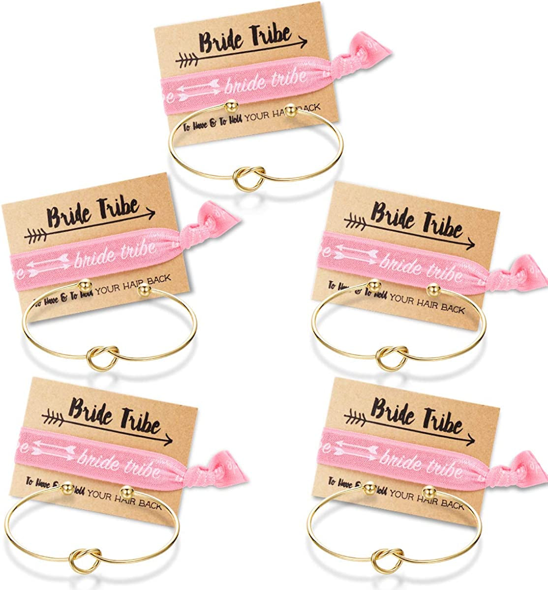 Bridesmaid Bracelets-Ikooo 5 Pcs Love Knot Open Bangle with Bride Tribe Hair Tie for Best Friend, BFF of the Bride Wedding Gift Apparel & Accessories > Jewelry > Bracelets MOOKOO 5 Gold