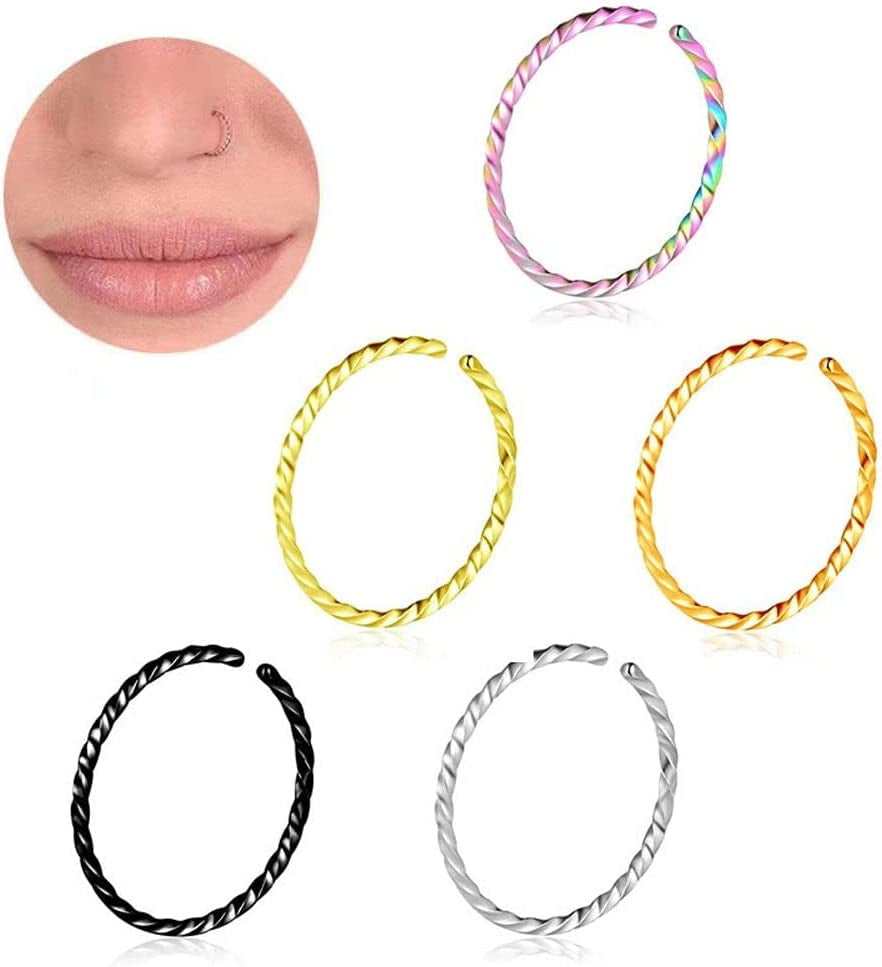 Stainless Steel Twist Nose Rings Hoop Tragus Cartilage Helix Ring Lip Septum Fake Piercing Jewelry Braided Ear Clips Body Accessories(Silver) Apparel & Accessories > Jewelry > Rings Generic