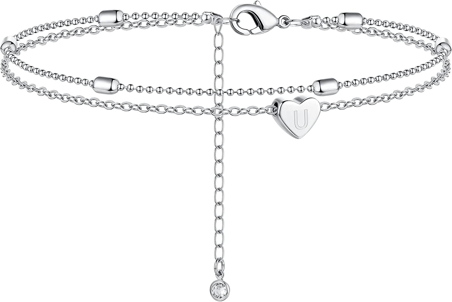 Moodear Silver Ankle Bracelets for Women, Sterling Silver Initial Anklet Layered Dainty Tiny Heart Charm Handmade Carved Alphabet A-Z Letter Ankle Bracelet Beaded Foot Chain Personalized Name Anklets Summer Cute Boho Beach Gift for Her Apparel & Accessories > Jewelry > Anklets Moodear Sterling Silver-U