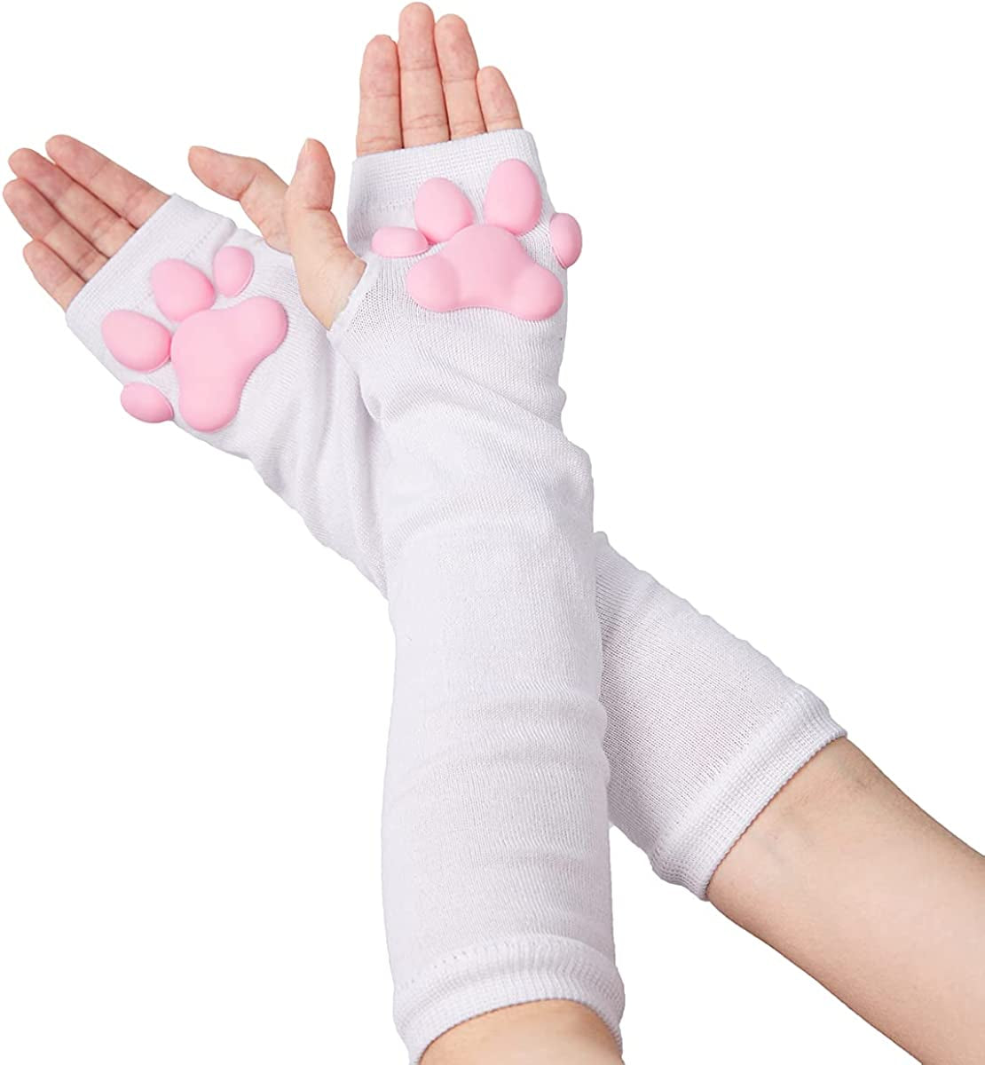 Cute Cat Paw Mittens Gloves, Kawaii Cat Cosplay Kawaii Soft 3D Toes Beans Fingerless Cat Claw Paws Pad Sleeve Apparel & Accessories > Clothing Accessories > Gloves & Mittens HOMEGYMFREE White-long