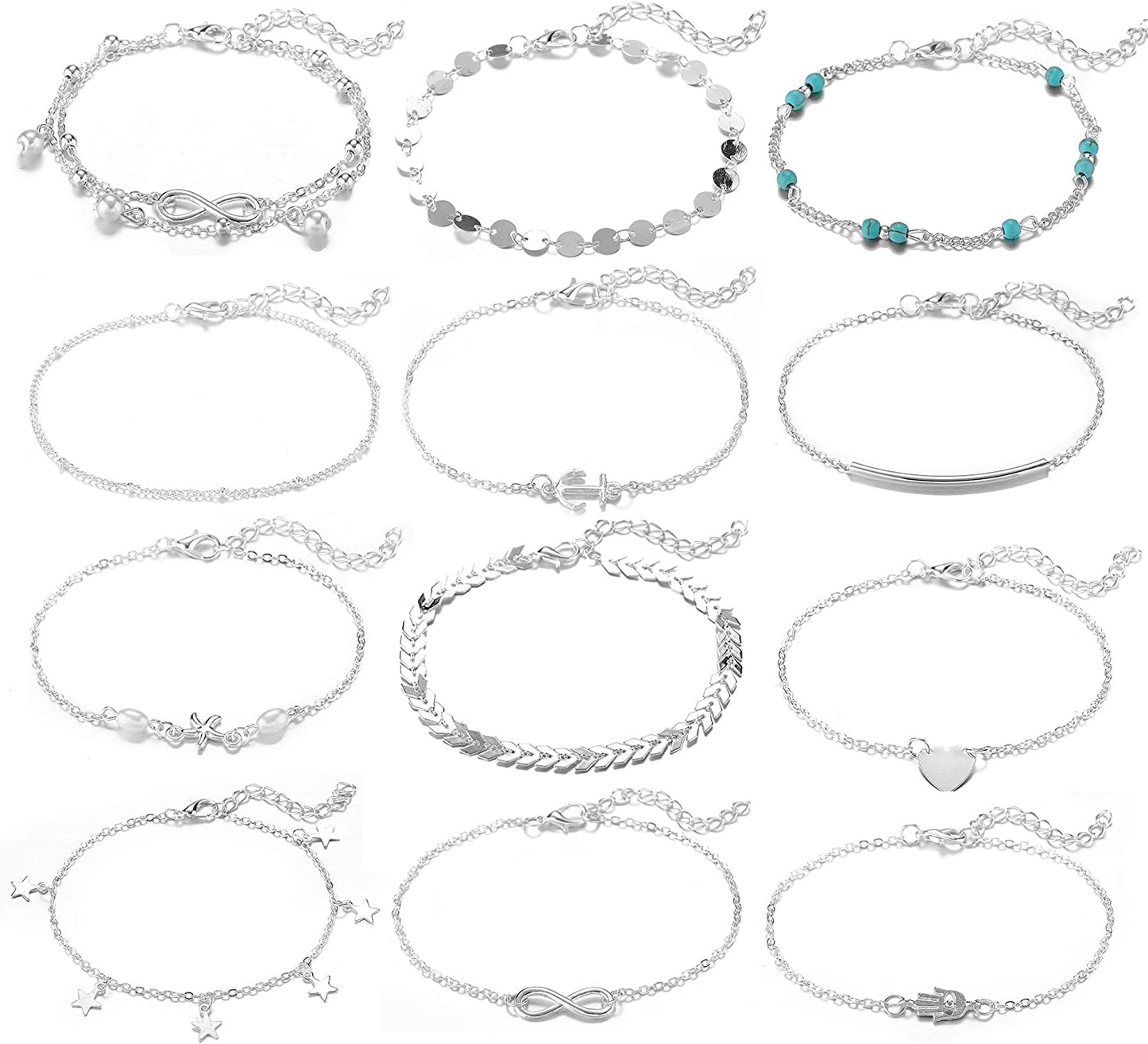 Softones 12Pcs Ankle Bracelets for Women Girls Gold Silver Two Style Chain Beach Anklet Bracelet Jewelry Anklet Set,Adjustable Size Apparel & Accessories > Jewelry > Anklets Softones A:Silver