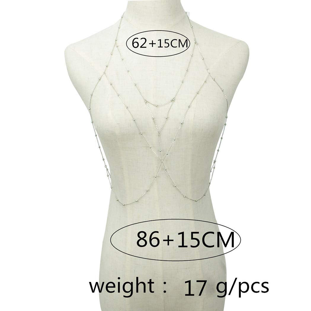 Kakaco Beaded Layered Chest Chain Beach Bikini Body Chains Silver Vest Harness Body Jewelry for Women and Girls Apparel & Accessories > Jewelry > Body Jewelry Kakaco