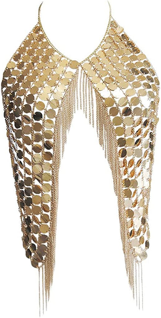 Sinkcangwu Women'S Body Chain Necklace Sexy Bra Jewelry Harness Top for Wedding Halloween Costume Apparel & Accessories > Jewelry > Body Jewelry Sinkcangwu Gold