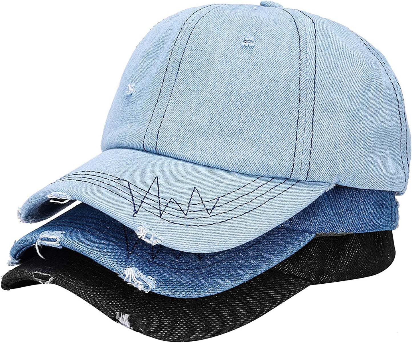 MEINICY 3 Pack Washed Plain Baseball Cap, Retro Adjustable Dad Hats Gift for Men/Women,Unstructured/Cotton Apparel & Accessories > Clothing Accessories > Hats MEINICY Distressed Denim Blue+dark+black