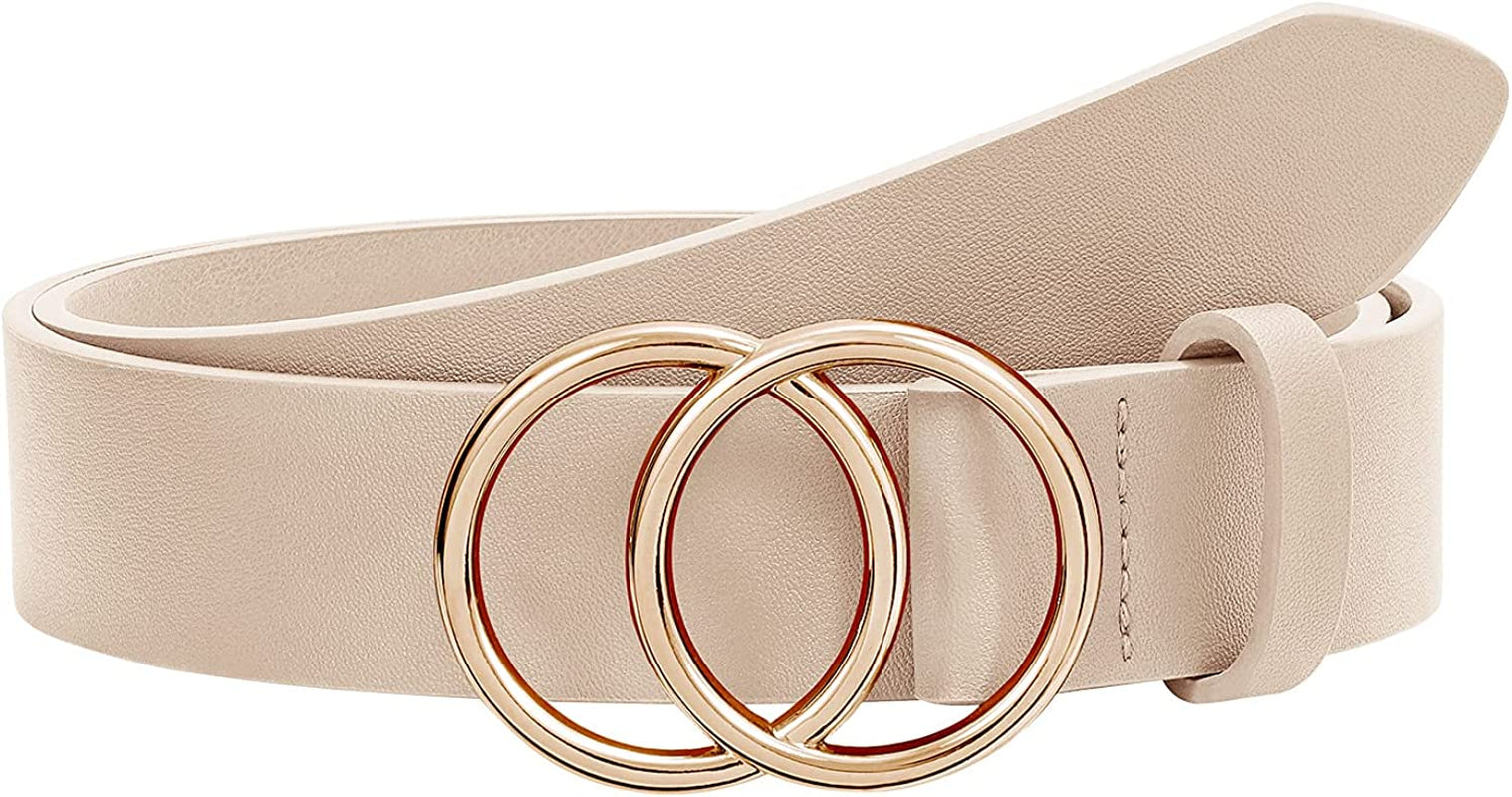 Women Leather Belt Fashion Double O-Ring Soft Faux Leather Waist Belts for Jeans Dress Apparel & Accessories > Clothing Accessories > Belts SUOSDEY E-beige XXXL: 51''-54'' Waist Size