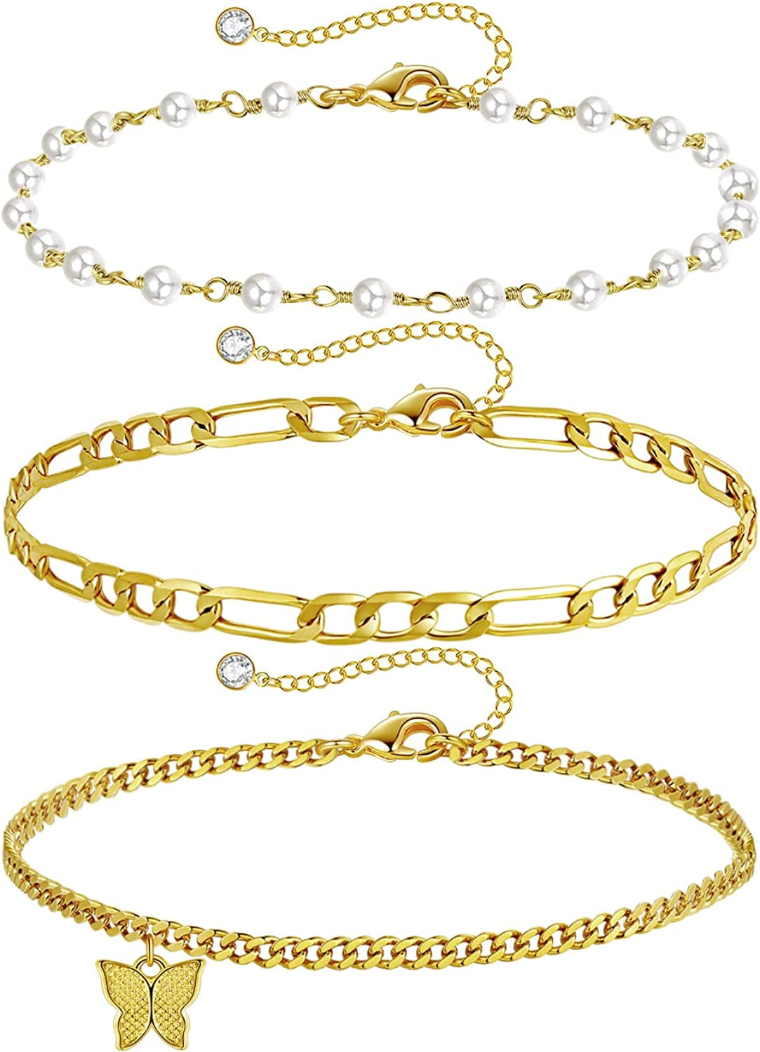 Luxval Ankle Bracelets for Women, Tennis Chain Butterfly Anklets for Women 14K Gold Bead Link Foot Jewelry CZ Stones Anklet Bracelets for BFF Gift Apparel & Accessories > Jewelry > Anklets Luxval 3Pcs-Pearl-Figaro-Butterfly