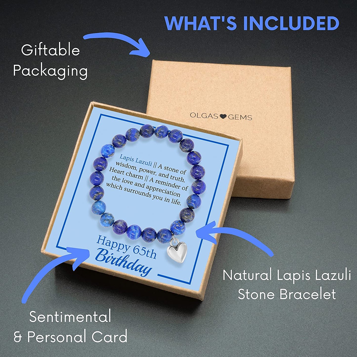 OLGAS GEMS 65Th Birthday Milestone Bracelet & Meaningful Message Card for Women - Beautiful and Sentimental Birthday Gifts for 65 Year Old Woman Made with Natural Lapis Lazuli Stones Apparel & Accessories > Jewelry > Bracelets OLGAS GEMS