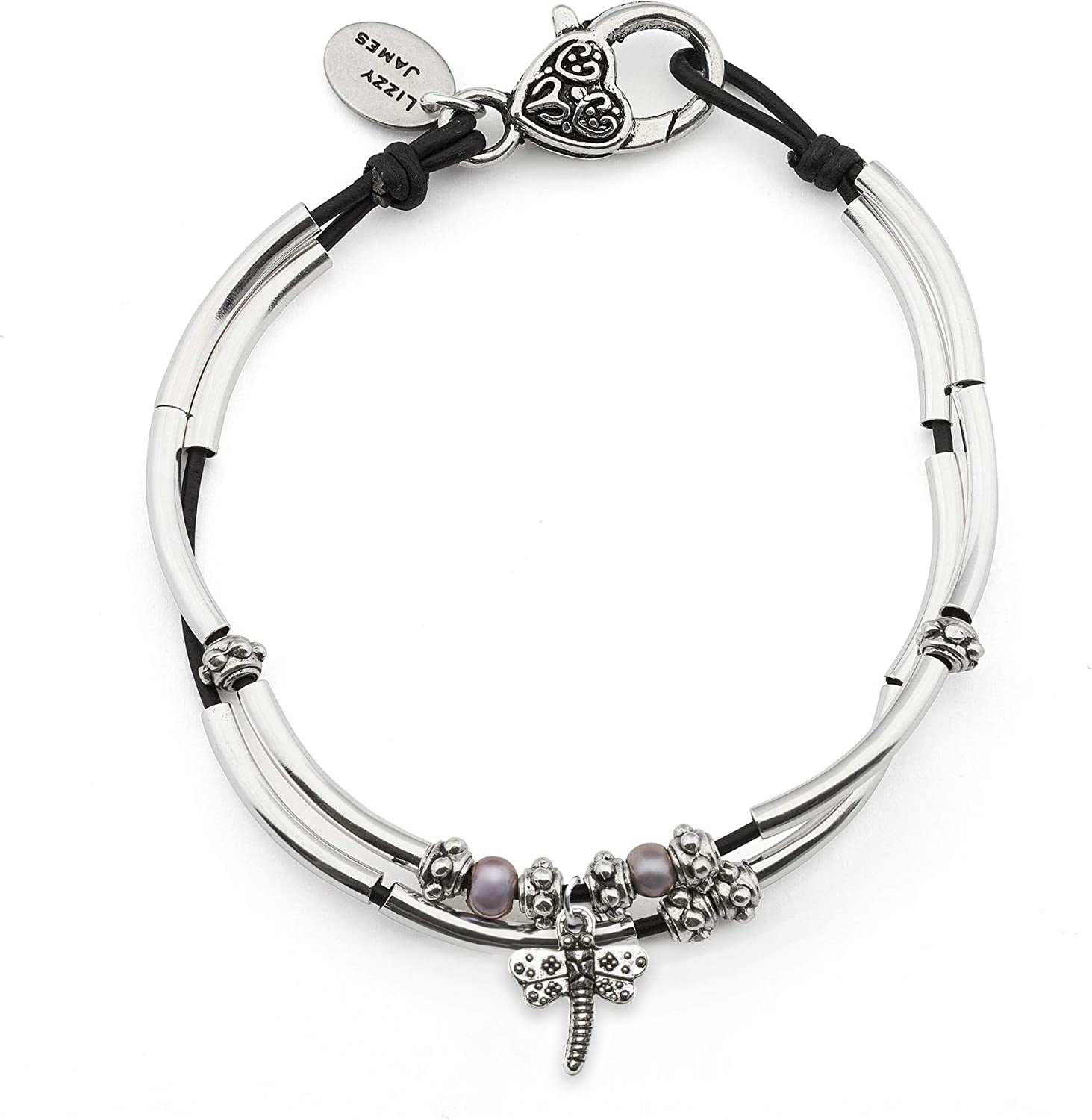 Lizzy James Lucy Anklet Bracelets for Women in Natural Black Leather Silver Plate Crescents Apparel & Accessories > Jewelry > Anklets Lizzy James Silver Dragonfly Charm 12 INCH