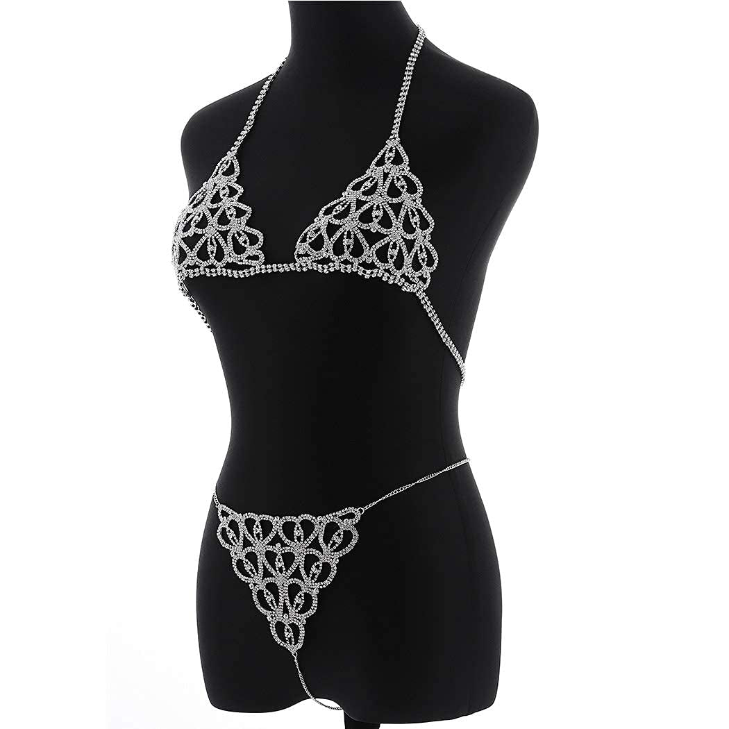 Evild Crystal Body Chain Silver Bikini Bra Chain Suit Beach Waist Belly Chain Crop Top Underwear Body Jewelry Accessories for Women and Girls Apparel & Accessories > Jewelry > Body Jewelry EVILD