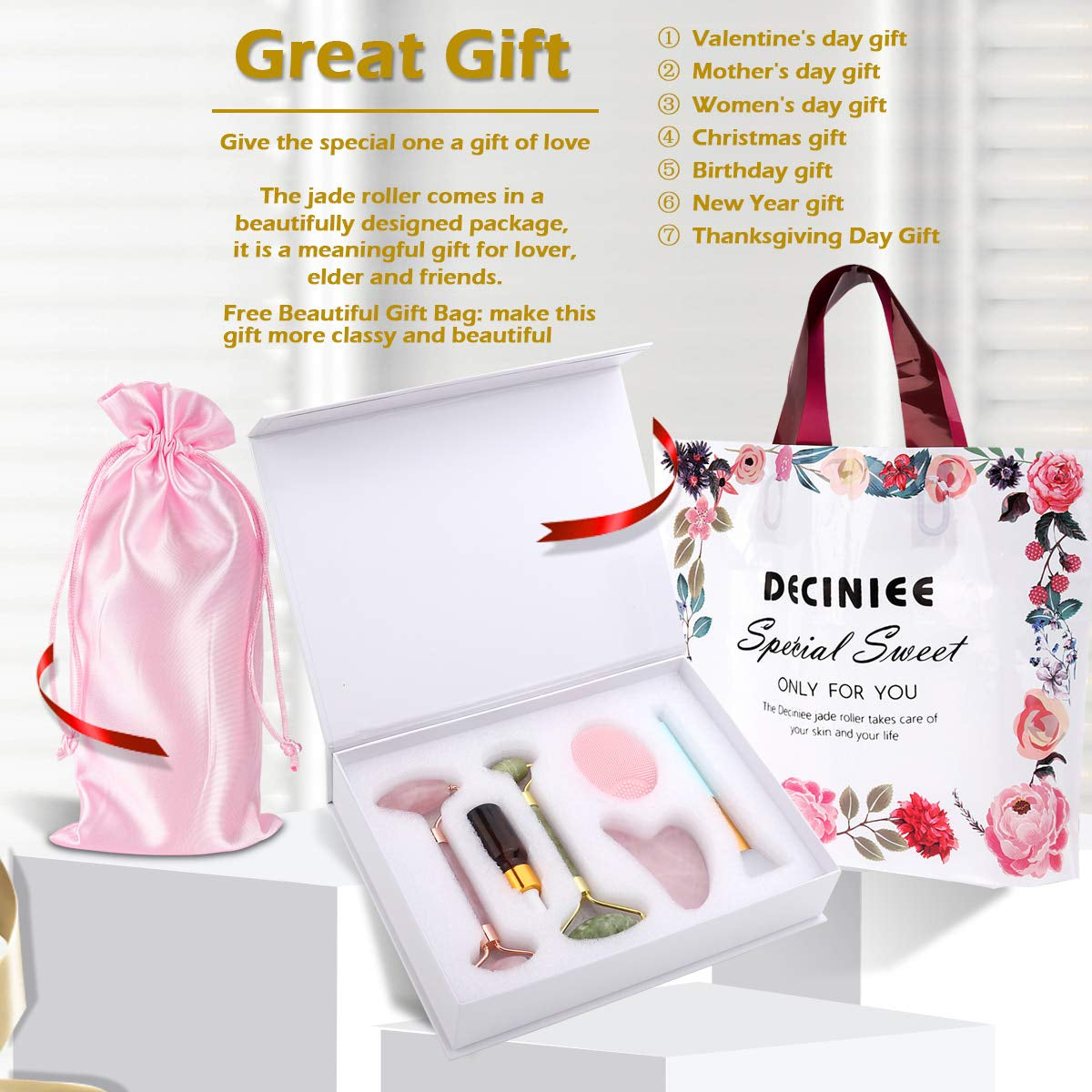 Deciniee Jade Roller for Face,Gua Sha Massage Tool,Rose Quartz Jade Roller and Gua Sha 6 in 1 Face Massager Women Gift Set,Anti-Aging Authentic Facial Beauty Roller-Rejuvenate Skin and Remove Wrinkles Health & Beauty > Personal Care > Cosmetics > Cosmetic Tools > Skin Care Tools Deciniee