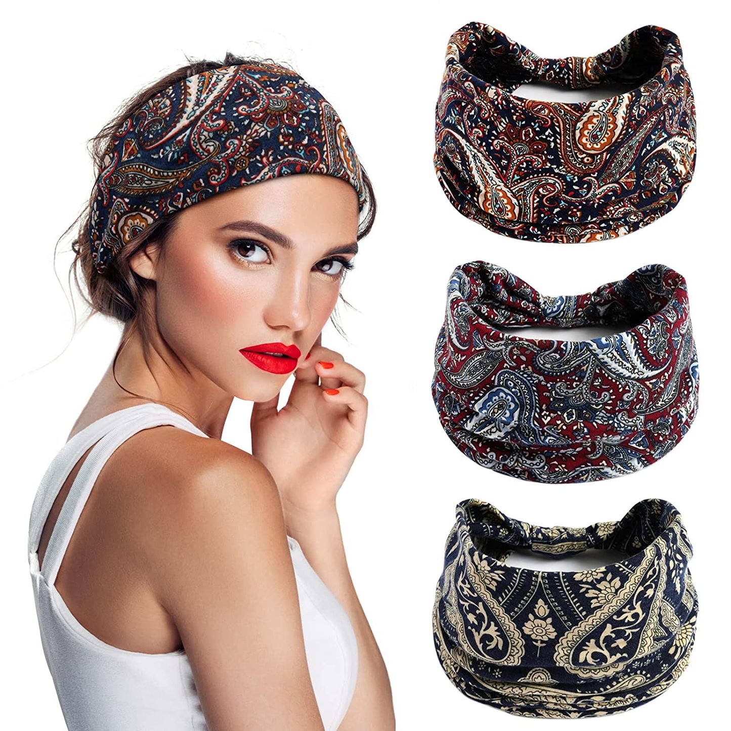 S&N Remille 3 Pack Wide Boho Headbands for Women and Girls, Elastic Turban Head Wrap Non-Slip Hair Bands for Sport Yoga and Running Headband Apparel & Accessories > Clothing Accessories > Bandanas & Headties S&N Remille Set-12