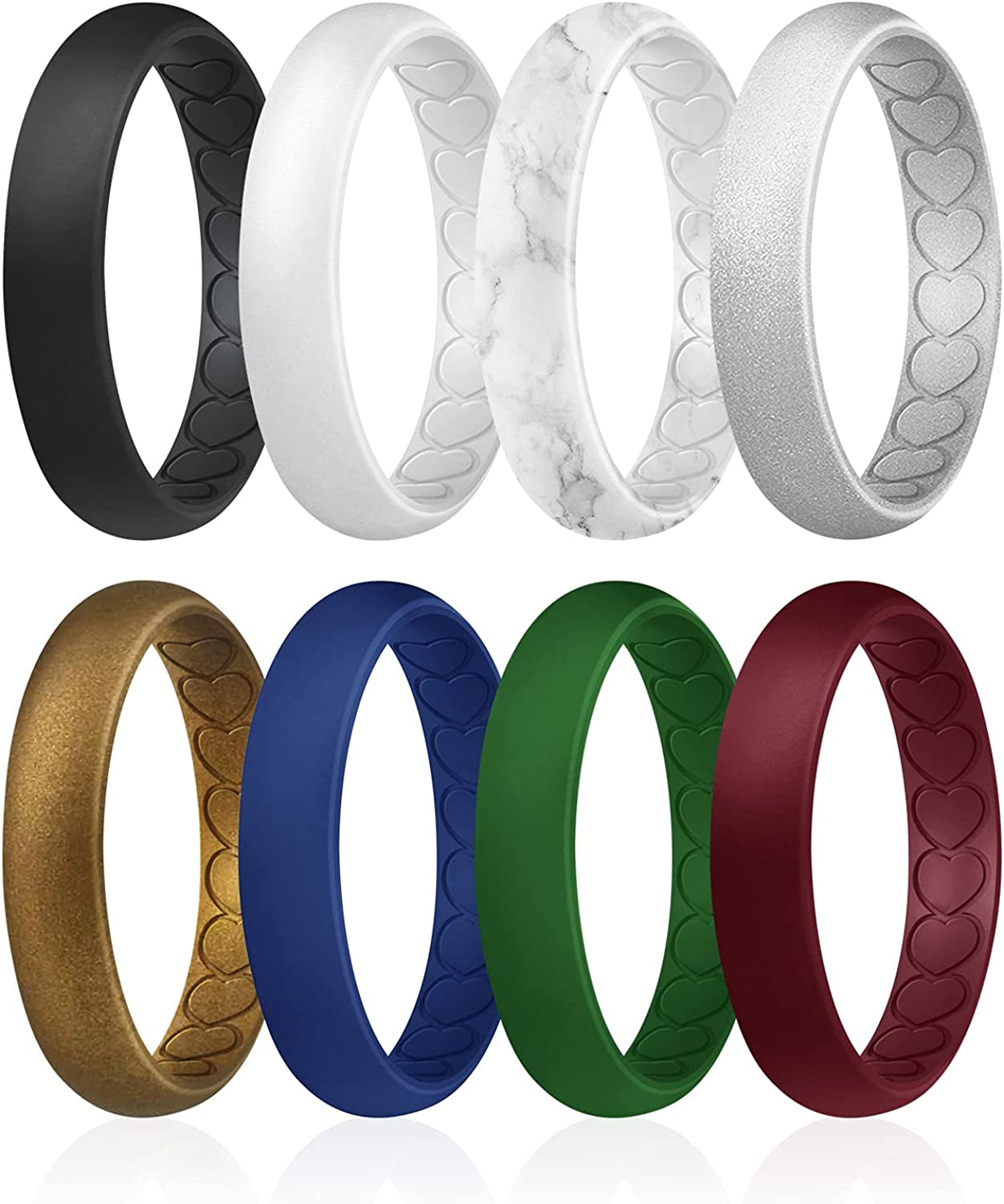 ROQ Silicone Wedding Bands for Women - Breathable Thin Inner Hearts Unique Design Womens Silicone Rubber Ring - Bridal Jewelry Set Anniversary Rings - U.S. Design Patent Pending Apparel & Accessories > Jewelry > Body Jewelry ROQ Black, White, Marble White with Black, Silver, Bronze, Dark Blue, Dark Green, Bordeaux 5 - 5.5 (15.7mm)