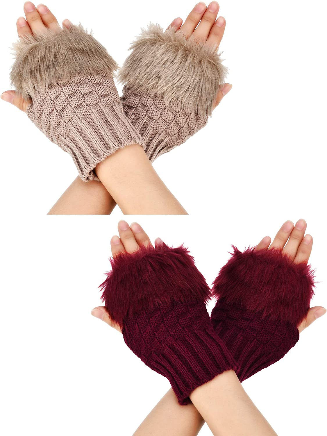 Boao 2 Pairs Fingerless Winter Gloves Short Touchscreen Gloves Thumb Hole Mittens Knitted Warm Gloves with Faux Fur Apparel & Accessories > Clothing Accessories > Gloves & Mittens Boao Wine Red and Khaki