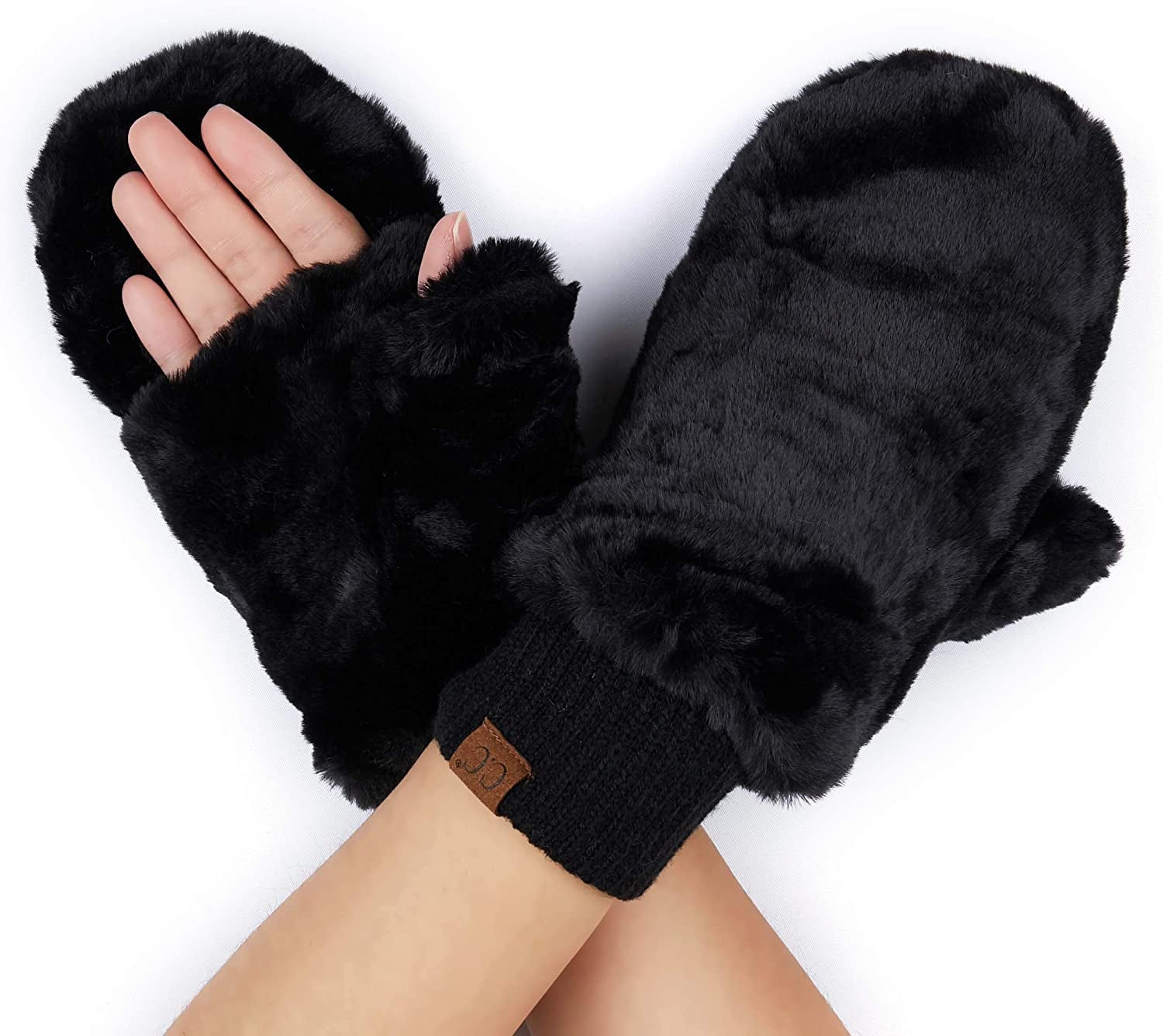 C.C Women Thick Knit Faux Fur Sherpa Fleece Lined Warm Winter Gloves Mittens (CG-36)(MT-008,25,715,816,1816,6245) Apparel & Accessories > Clothing Accessories > Gloves & Mittens C.C Faux Fur-black.