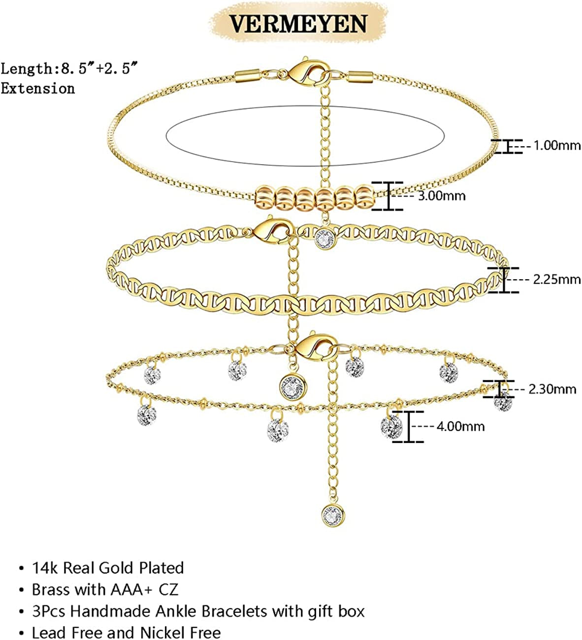 Gold Ankle Bracelets for Women 14K Gold Plated Anklet Silver Rose Gold Evil Eye Tennis Crystal Cubic Zirconia Faux Diamond Rhinestone Anklet Dainty Layered Anklet Set 3Pcs Apparel & Accessories > Jewelry > Anklets Vermeyen
