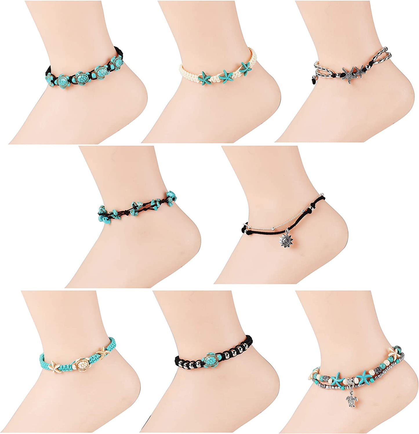 Finrezio 8-12PCS Anklets for Women Girls Adjustable Boho Turtle Starfish Beach Ankle Bracelets Foot Jewelry Set Handmade Apparel & Accessories > Jewelry > Anklets FINREZIO