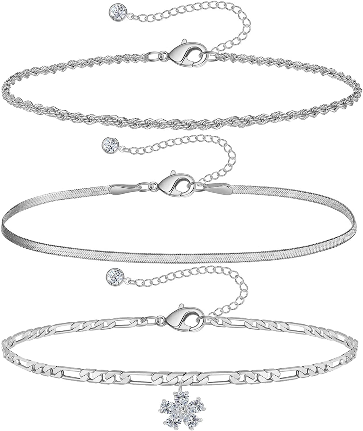 Gold Ankle Bracelets for Women 14K Gold Plated Anklet Silver Rose Gold Evil Eye Tennis Crystal Cubic Zirconia Faux Diamond Rhinestone Anklet Dainty Layered Anklet Set 3Pcs Apparel & Accessories > Jewelry > Anklets Vermeyen ZA-White Gold Figaro Chain