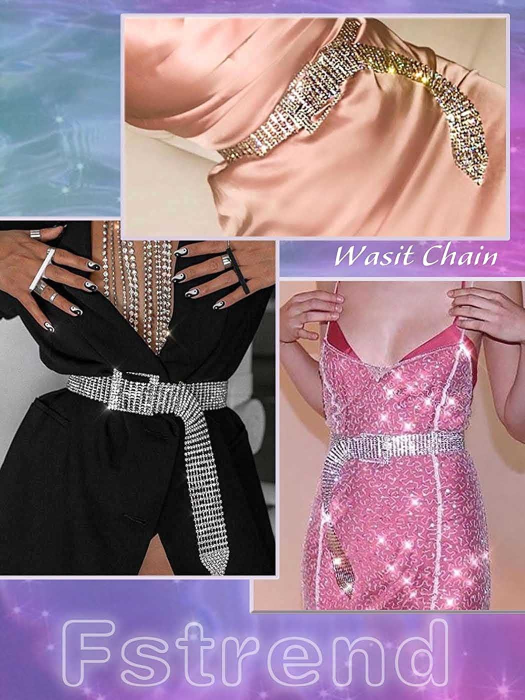 Fstrend Women Sparkle Crystal Rhinestone Chain Belts Sexy Luxury Waist Buckle Metal Beads around Sash Party Nightclub Waistband Chains Accessories for Women and Girls Apparel & Accessories > Clothing Accessories > Belts Fstrend