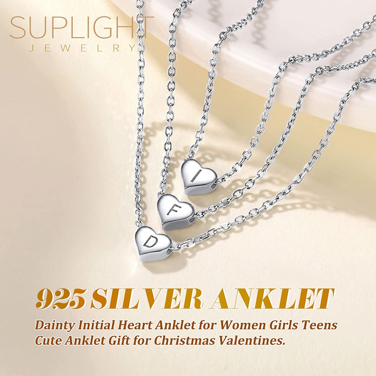 Suplight 925 Sterling Silver A-Z Initial Heart Anklets, Dainty Ankle Bracelets Beach Jewelry for Women Girls (With Gift Box) Apparel & Accessories > Jewelry > Anklets Suplight Jewelry