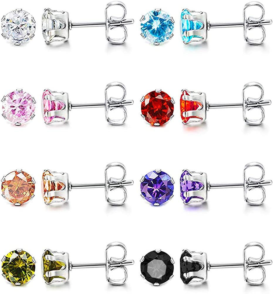UHIBROS 6 Pairs Stainless Steel Stud Earrings Set Hypoallergenic Cubic Zirconia 14K White Gold 316L CZ Earrings Apparel & Accessories > Jewelry > Earrings UHIBROS Multi-Color