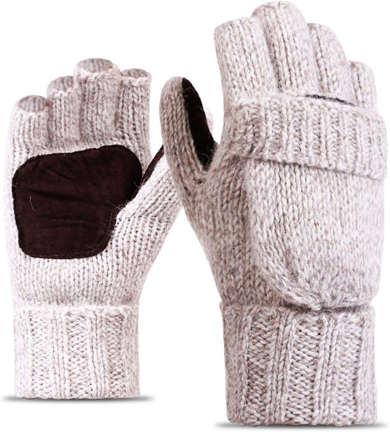 Elonglin Half-Finger Gloves with Mitten Cover Men Women Wool Blend Knitted Mitten Apparel & Accessories > Clothing Accessories > Gloves & Mittens Elonglin Beige