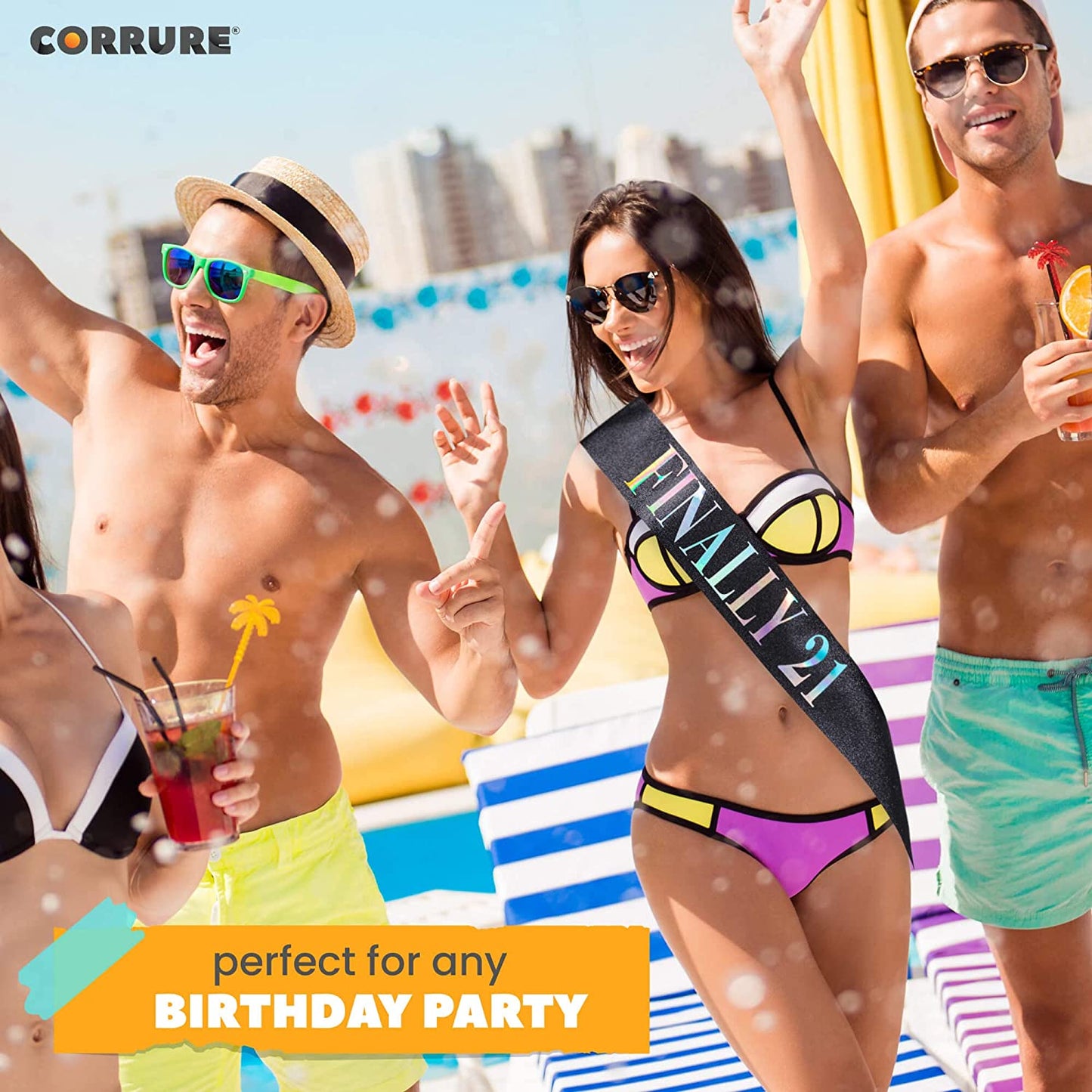 CORRURE 'Finally 21' Birthday Sash with Glitter -Black Sash with Multicolor Foil 21St Birthday Sash for Men and Women-Ideal Twenty One Sash Party Favors Supplies and Decorations for Your 21 Bday Party Apparel & Accessories > Clothing Accessories > Sashes CORRURE