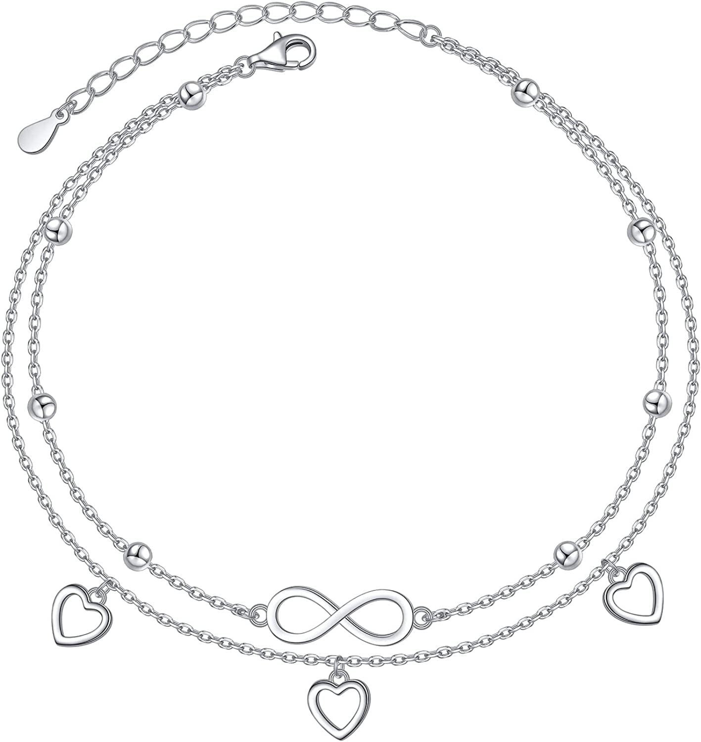 Flyow Anklet for Women S925 Sterling Silver Adjustable Foot Beaded Heart Charm Ankle Bracelet Anklets Jewelry Apparel & Accessories > Jewelry > Anklets FLYOW infinity dangle heart
