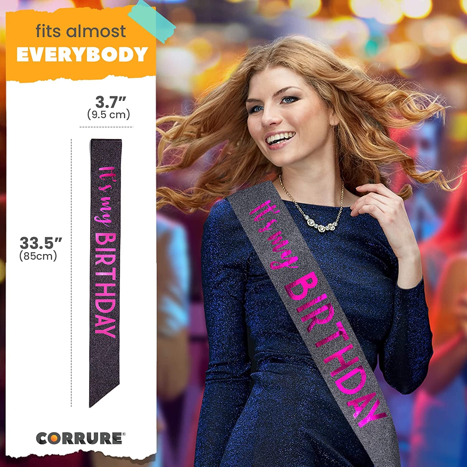 CORRURE 'It'S My Birthday' Sash Glitter with Pink Foil - Black Glitter Happy Birthday Sash for Women - Party Favors Supplies and Decorations for Sweet 16, 18Th 21St 30Th 40Th or Any Bday Party Apparel & Accessories > Clothing Accessories > Sashes CORRURE