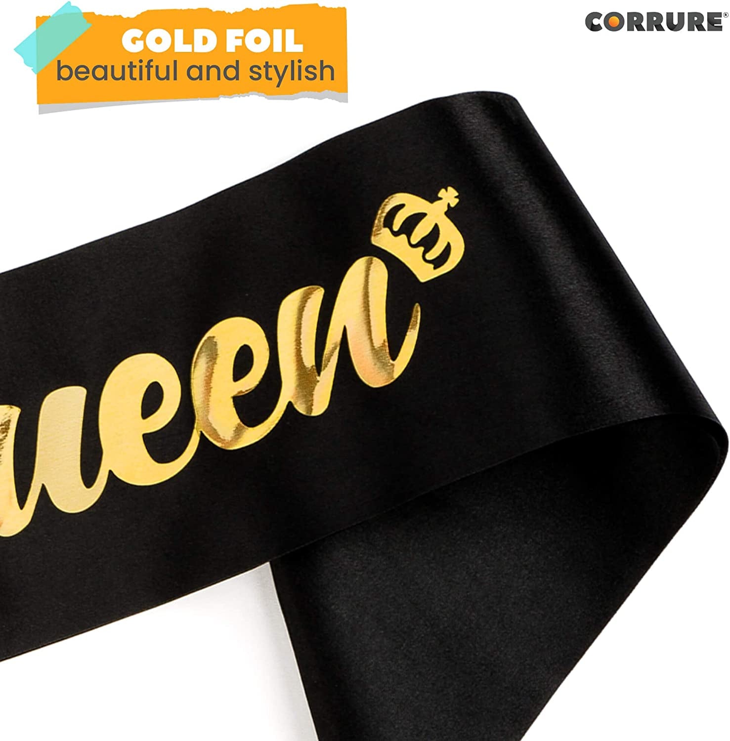 CORRURE 'Birthday Queen' Sash with Gold Foil - Soft Satin Black Sash for Women - Happy Birthday Sash for Girls, Sweet 16, 18Th 21St 25Th 30Th 40Th 50Th or Any Other Bday Party Apparel & Accessories > Clothing Accessories > Sashes CORRURE
