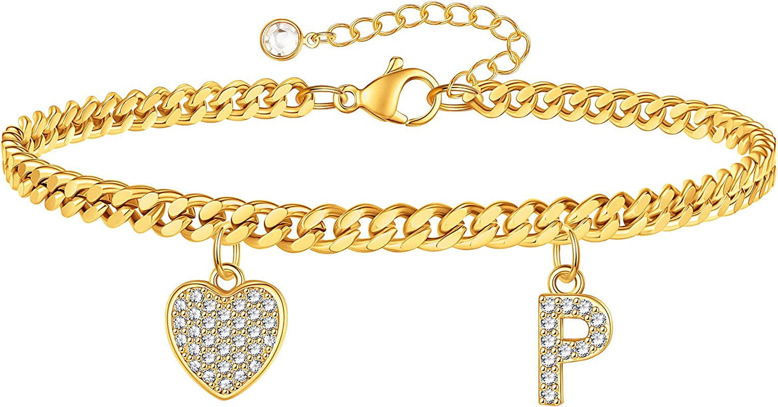 Gold Heart Ankle Bracelets for Women 14K Gold Plated Initial Charm Gold Anklets for Women Cuban Link Chain Heart Anklet Bracelets for Women Apparel & Accessories > Jewelry > Anklets BRIJEWLIC P