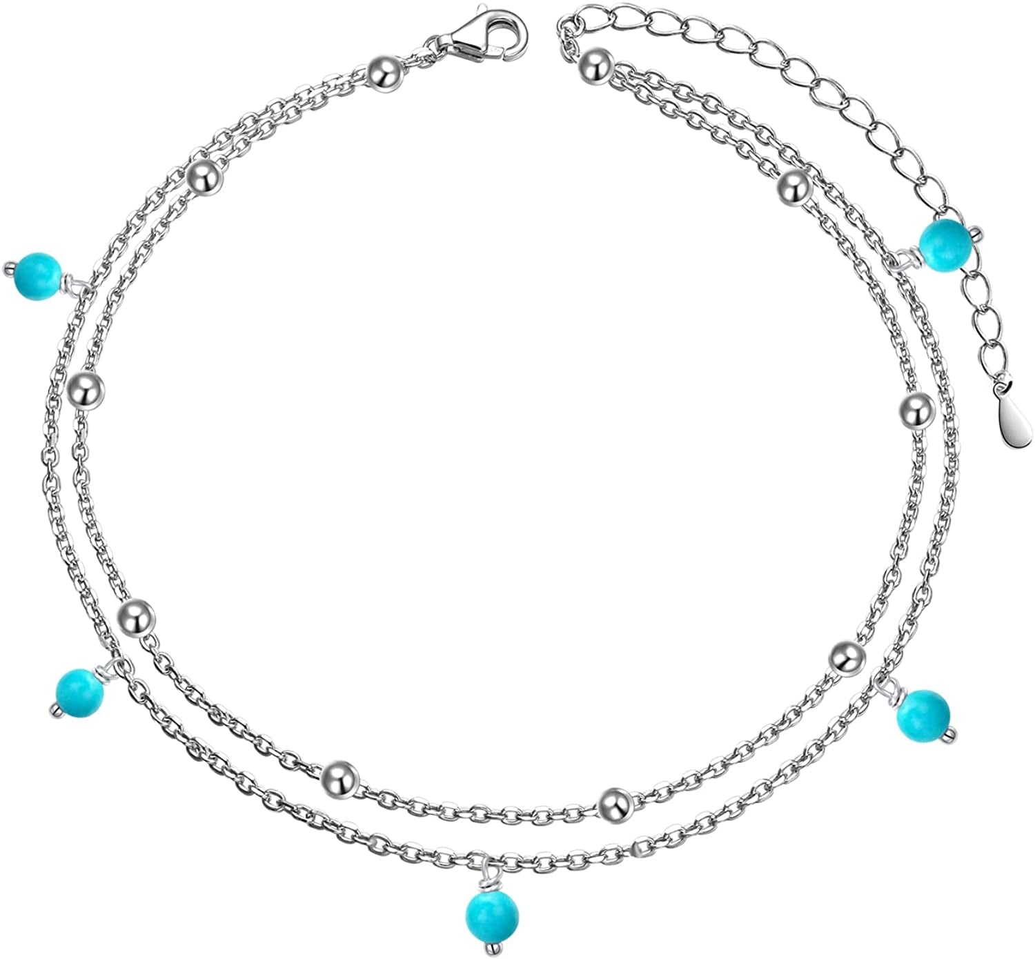 Flyow Anklet for Women S925 Sterling Silver Adjustable Foot Beaded Infinity/Heart/Angel Wing/Turtle Ankle Bracelet Anklets Jewelry Gift Apparel & Accessories > Jewelry > Anklets Silver Light Jewelry turquoise A