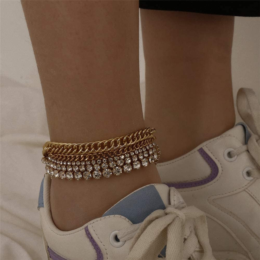 Kelistom Cuban Link Rhinestone Tennis Anklet Set for Women Teen Girls, 18K Gold or White Gold Plated Chain Ankle Bracelets for Women with Extension Apparel & Accessories > Jewelry > Anklets kelistom