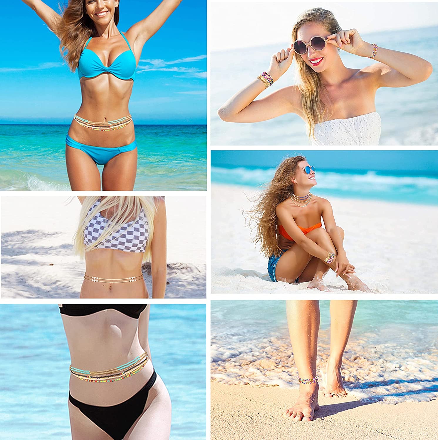 FIBO STEEL 32 Pcs Waist Bead Chain for Women Colorful Belly Beads for the Waist Summer Beach Bikini Belly Chains African Body Chains Jewelry Set Apparel & Accessories > Jewelry > Body Jewelry FIBO STEEL