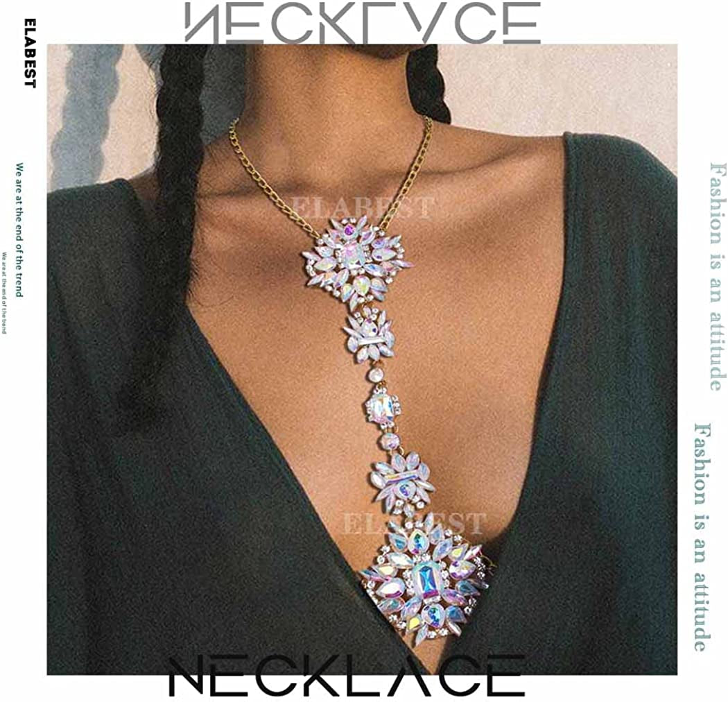 ELABEST Boho Rhinestone Statement Chest Chain Crystal Necklace Body Chain Summer Beach Body Jewelry Accessories for Women and Girls Apparel & Accessories > Jewelry > Body Jewelry ELABEST