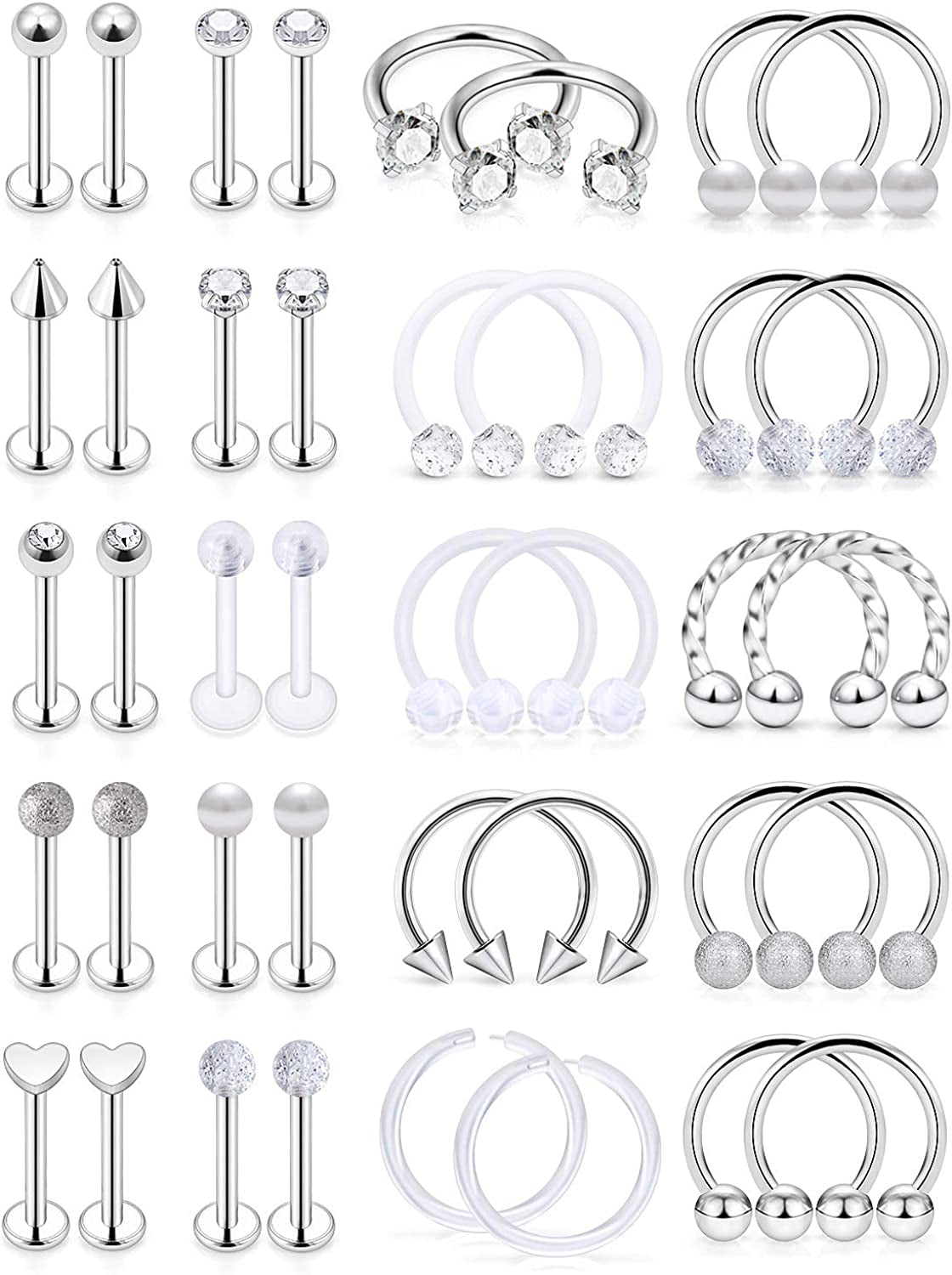 Hoeudjo 16G Surgical Steel Lip Rings Clear Diamond CZ Labret Studs Tragus Horseshoe Ring Helix Hoop Earring Body Jewelry Piercing Retainer for Women Men 8Mm Apparel & Accessories > Jewelry > Rings Hoeudjo 40pcs 16g silver-tone 8.0 Millimeters