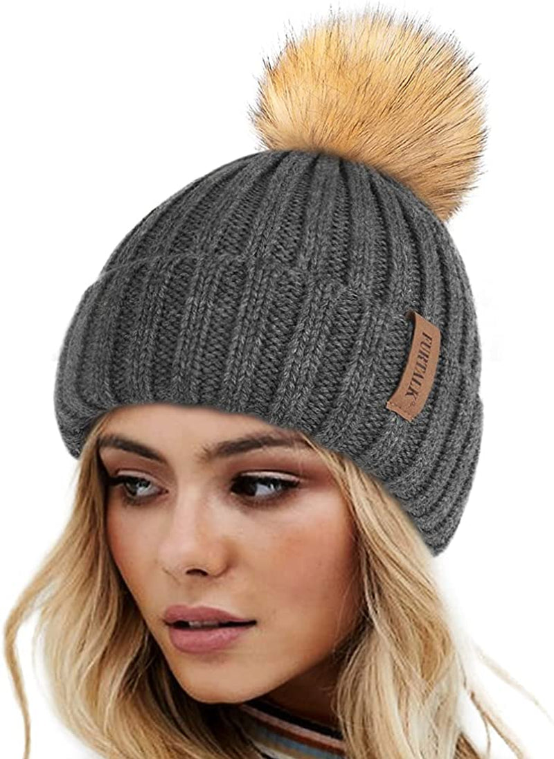 FURTALK Womens Winter Knitted Beanie Hat with Faux Fur Pom Warm Knit Skull Cap Beanie for Women… Apparel & Accessories > Clothing Accessories > Hats KYLIE MAX 26-mixed Dark Grey
