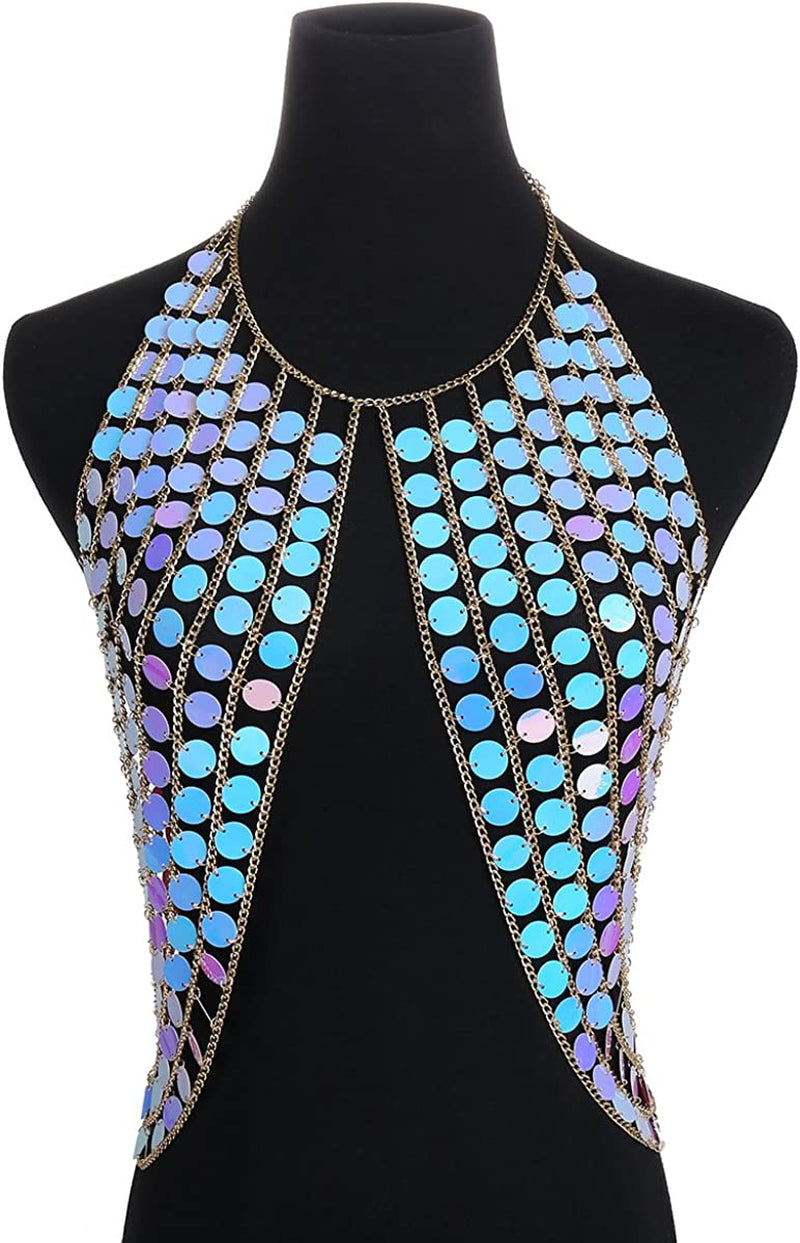 Ingemark Harness Waist Bikini Chain Shirt Bra Body Chain Outfits Bralette for Women Gold Silver Sequin Halter Backless Tank Top Bra Apparel & Accessories > Jewelry > Body Jewelry ZLZL