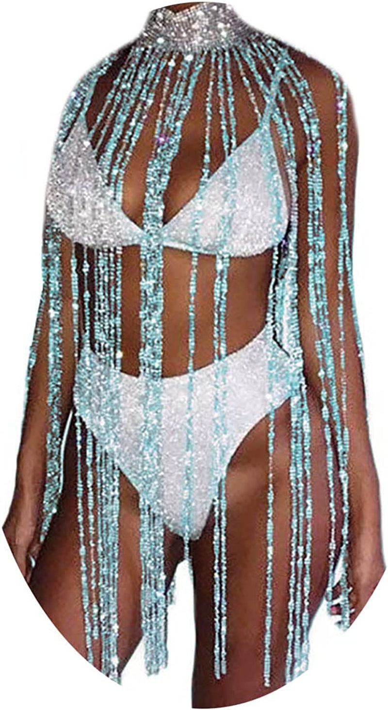 Fstrend Women Rhinestone Choker Long Tassel Necklaces Sparkly Crystal Collar Necklace Fashion Statement Party Festival Body Accessories Jewelry Chain Apparel & Accessories > Jewelry > Necklaces Fstrend Lake blue