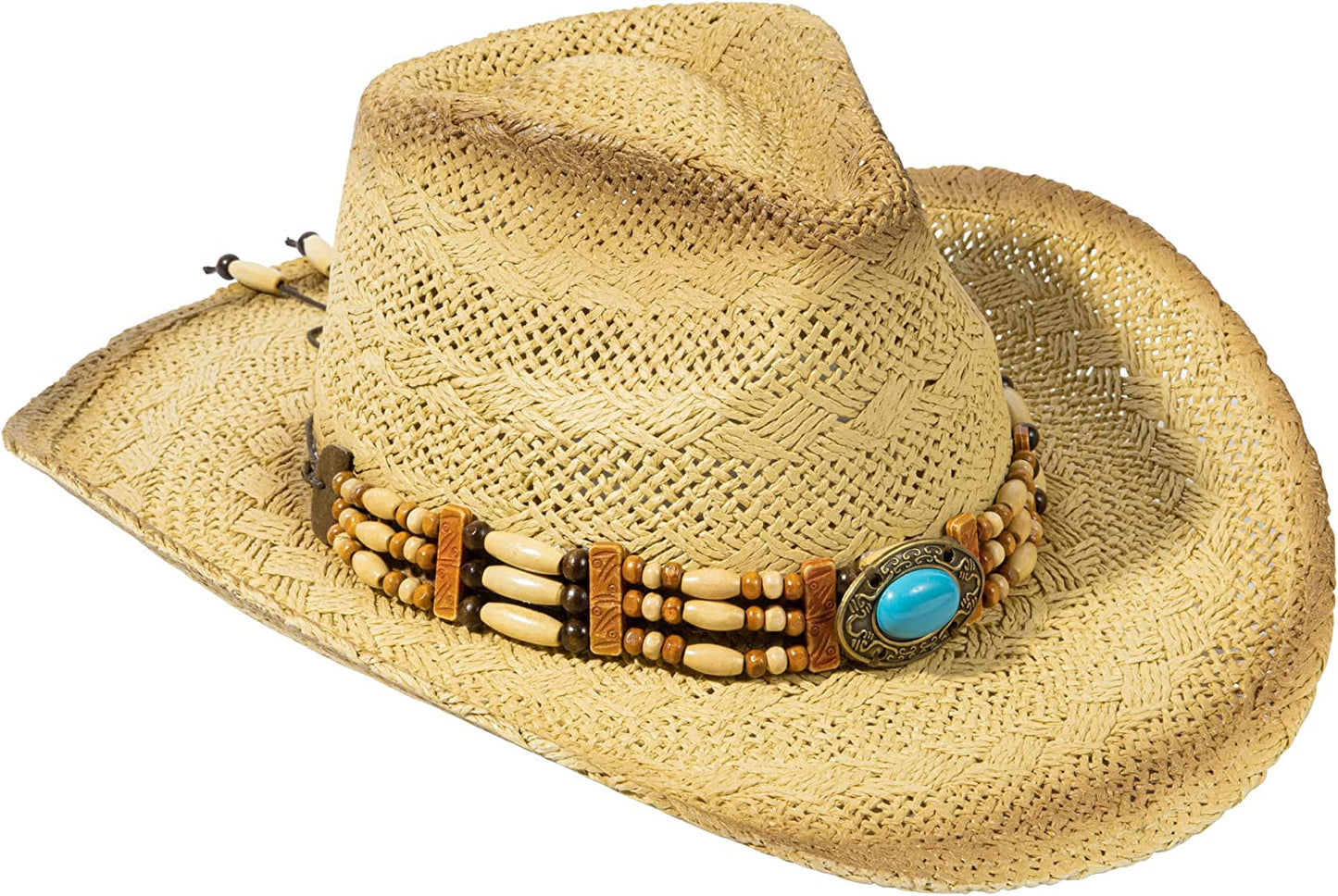 Livingston Men & Women'S Woven Straw Cowboy Hat W/Hat Band Apparel & Accessories > Clothing Accessories > Hats KYLIE MAX Oval Bead_nature