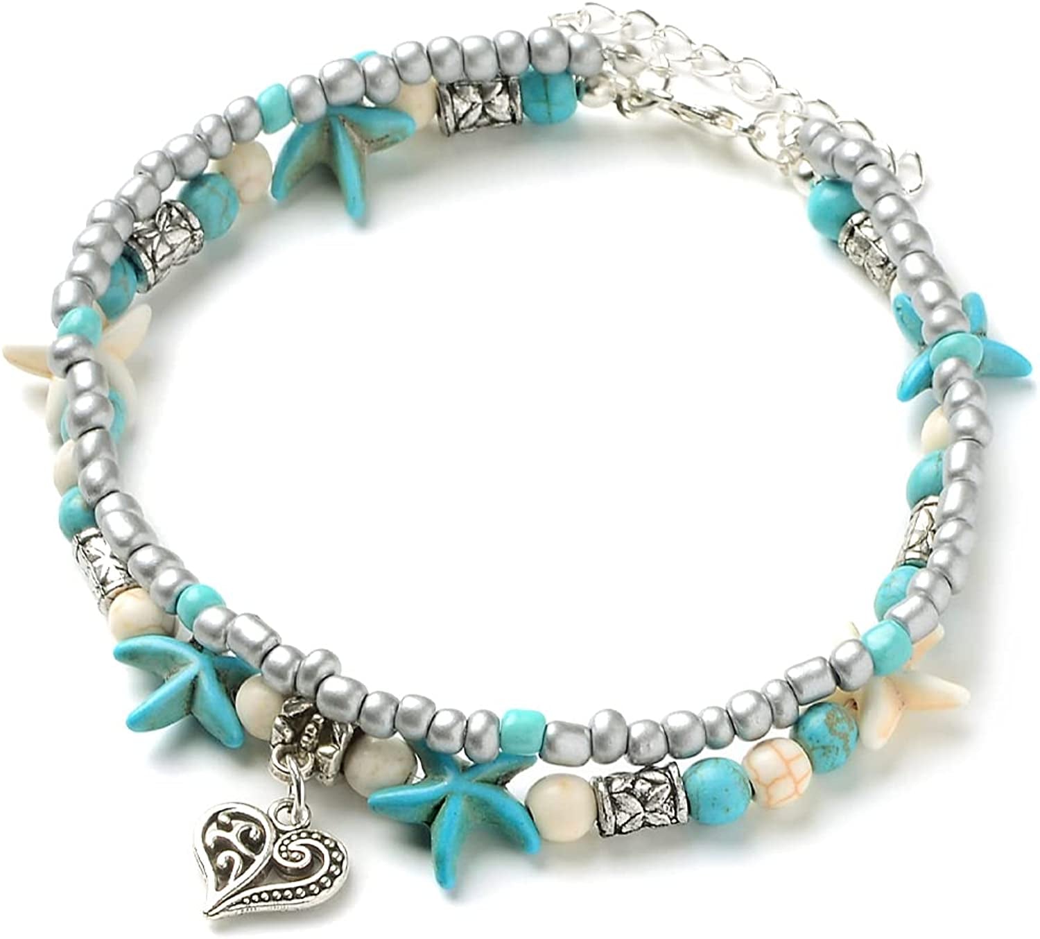 Starain Blue Turtle Anklets for Women Girls Multilayer Beads Handmade Beach Ankle Bracelet Set Boho Foot Jewelry Apparel & Accessories > Jewelry > Anklets Starain Single - Heart