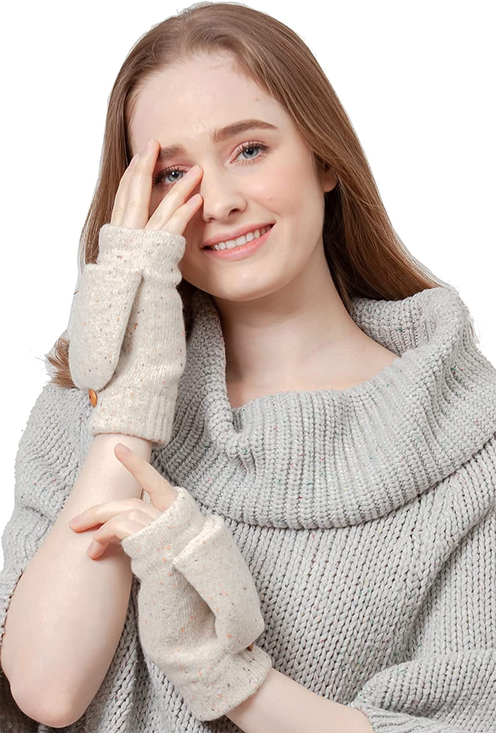 BYOS Women'S Winter Cozy Diamond Pattern Fleece Lined Flip Top Convertible Knit Gloves Mittens Apparel & Accessories > Clothing Accessories > Gloves & Mittens Be Your Own Style Oatmeal