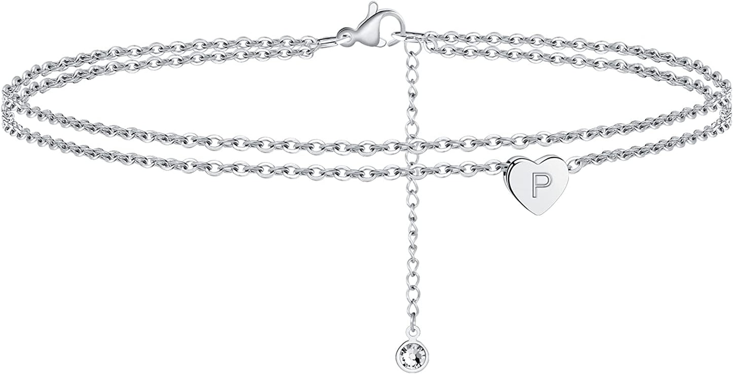 Turandoss Silver Heart Initial Ankle Bracelets for Women, 14K White Gold Filled Handmade Dainty Layered Silver Anklet Letter Initial Heart Ankle Bracelets for Women Silver Summer Foot Beach Jewelry Apparel & Accessories > Jewelry > Anklets Turandoss P