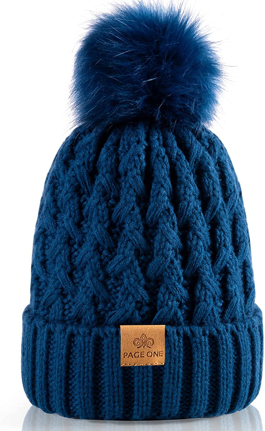 PAGE ONE Womens Winter Ribbed Beanie Crossed Cap Chunky Cable Knit Pompom Soft Warm Hat Apparel & Accessories > Clothing Accessories > Hats PAGE ONE Peak Blue