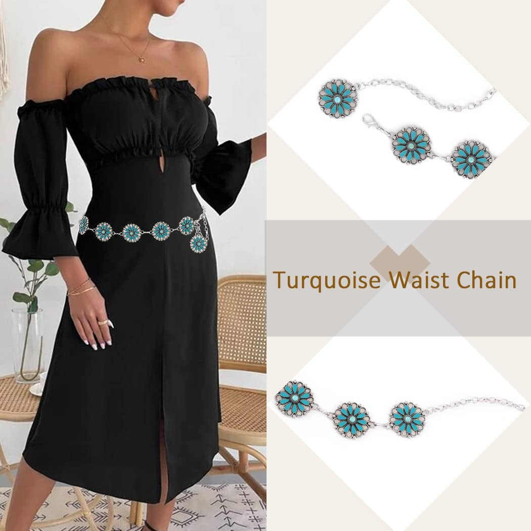 Navoky Turquoise Waist Chains Silver Belly Bodychain Western Chain Belt Concho Belts Boho Body Accessories Jewelry for Women and Girls Apparel & Accessories > Jewelry > Body Jewelry Navoky