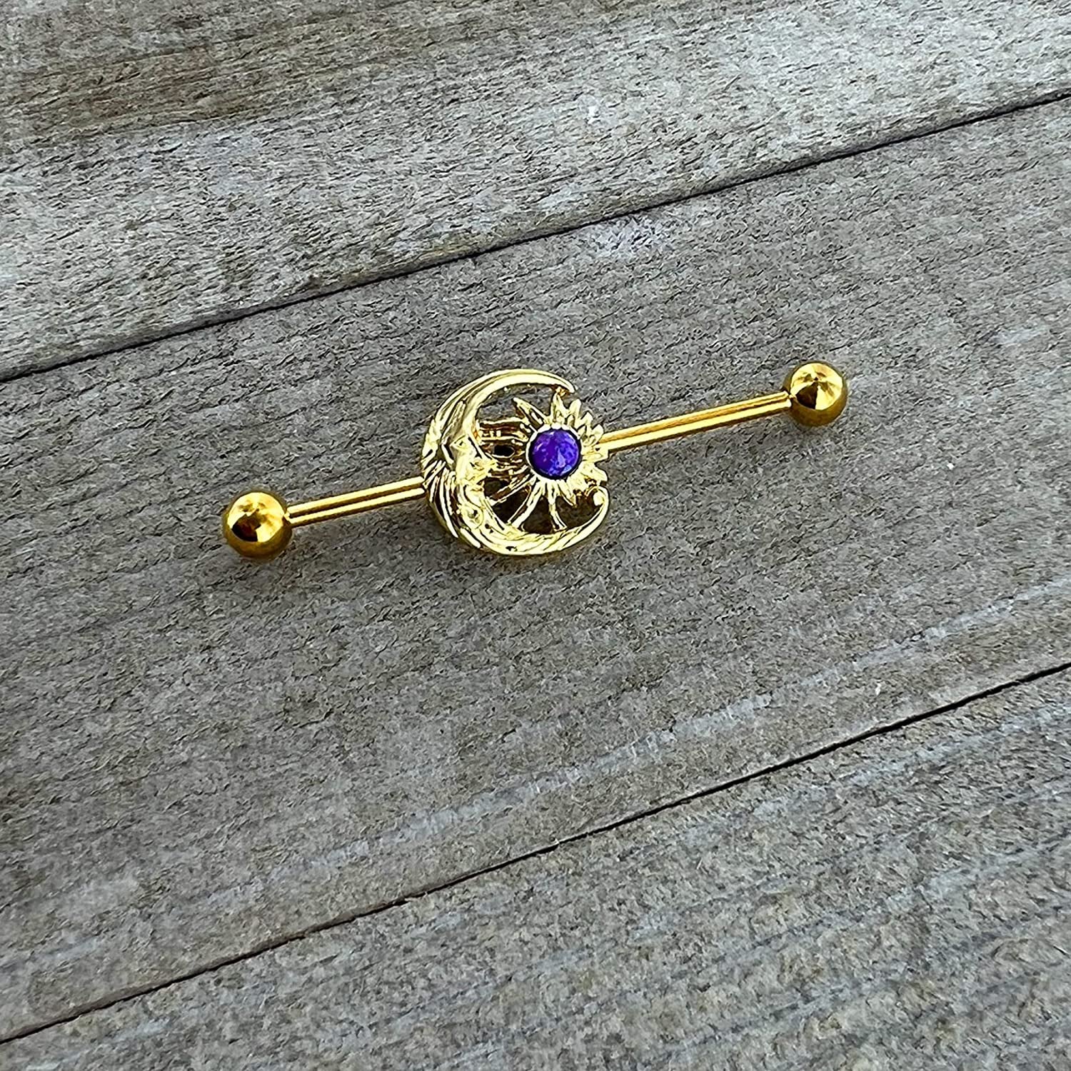 Body Candy Gold Anodized Steel Purple Synthetic Opal Moon Sun Helix Earring Industrial Barbell 14 Gauge 38Mm Apparel & Accessories > Jewelry > Body Jewelry Body Candy