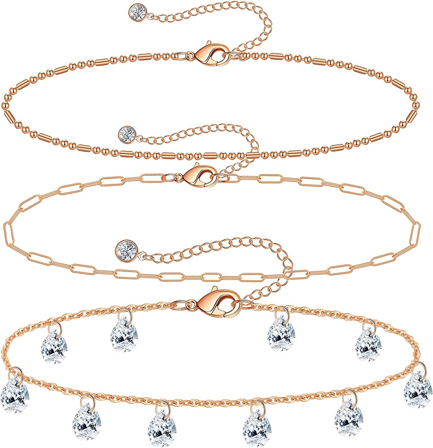 Gold Ankle Bracelets for Women 14K Gold Plated Anklet Silver Tennis Rose Quartz Cross Bead Herringbone Snake Paperclip Chain Cubic Zirconia Dainty Layered Anklet Set 3Pcs Apparel & Accessories > Jewelry > Anklets WeSparking I-Rose Gold-TD CZ