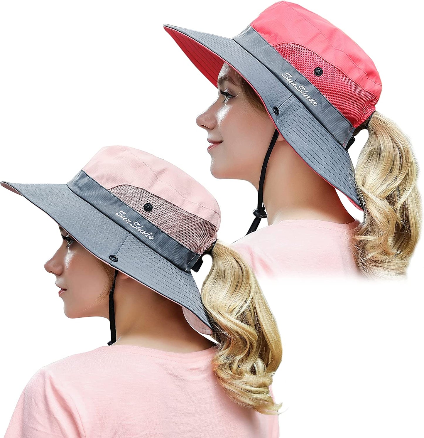 Muryobao 2 Pack Women Ponytail Summer Sun Hat UV Protection Wide Brim Foldable Safari Fishing Cap Apparel & Accessories > Clothing Accessories > Hats Muryobao 2 Pack - Watermelon Red & Pink