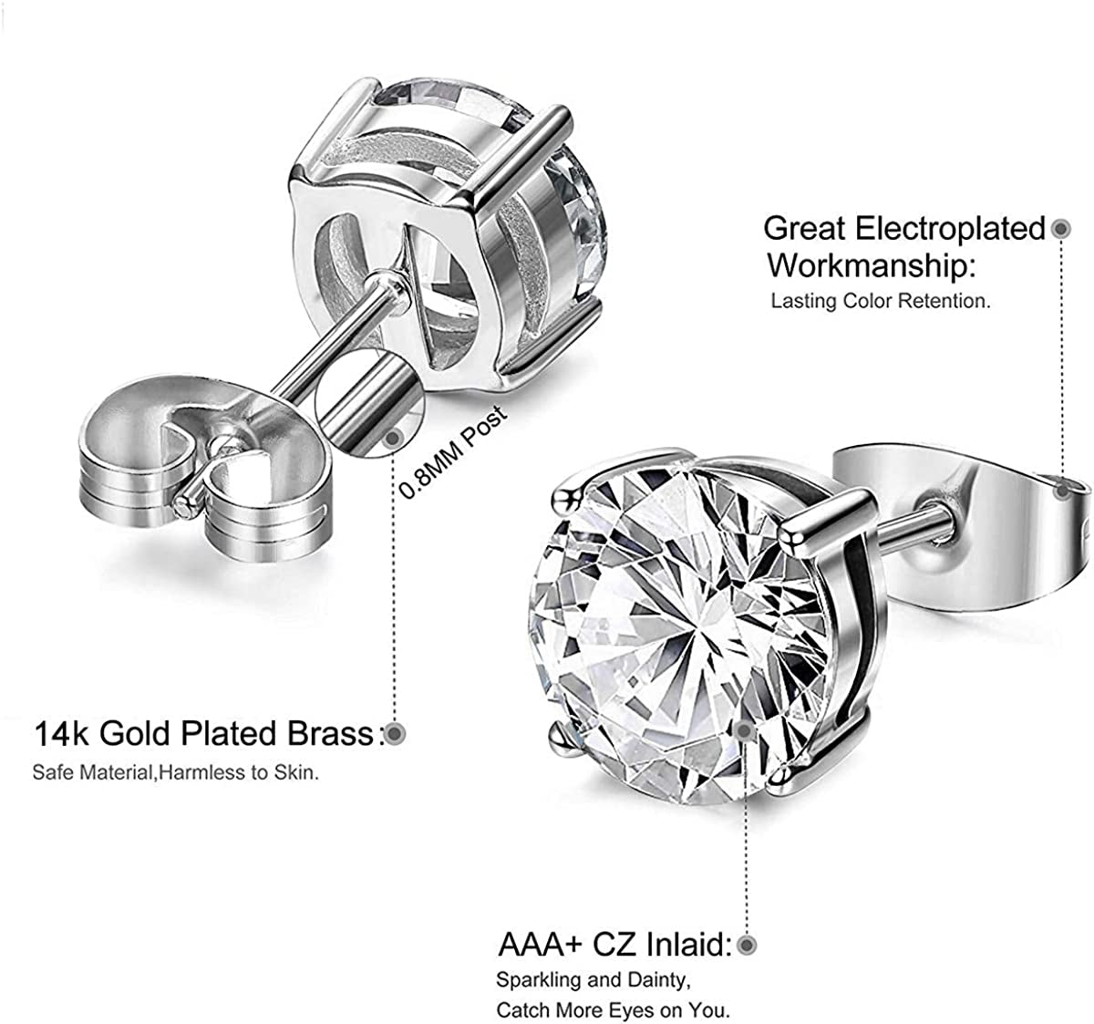 Women'S 14K Gold Plated CZ Stud Earrings Simulated Diamond round Cubic Zirconia Ear Stud Set(5 Pairs) Apparel & Accessories > Jewelry > Earrings Kainier