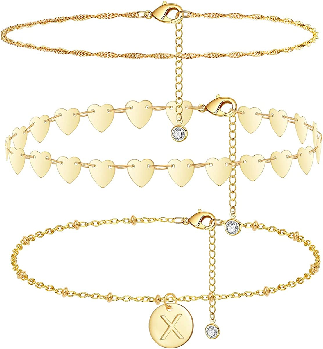 Initial Gold Ankle Bracelets for Women 14K Gold Plated Anklet Heart Chain Anklet Dainty Engraved a to Z Letter Charm Alphabet Satellite Beaded Layered Anklet Set 3Pcs Apparel & Accessories > Jewelry > Anklets Vermeyen X
